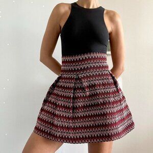 H&M | Red & Black Zigzag Pleated Bandage Elastic Flared Mini Skirt | Size XS